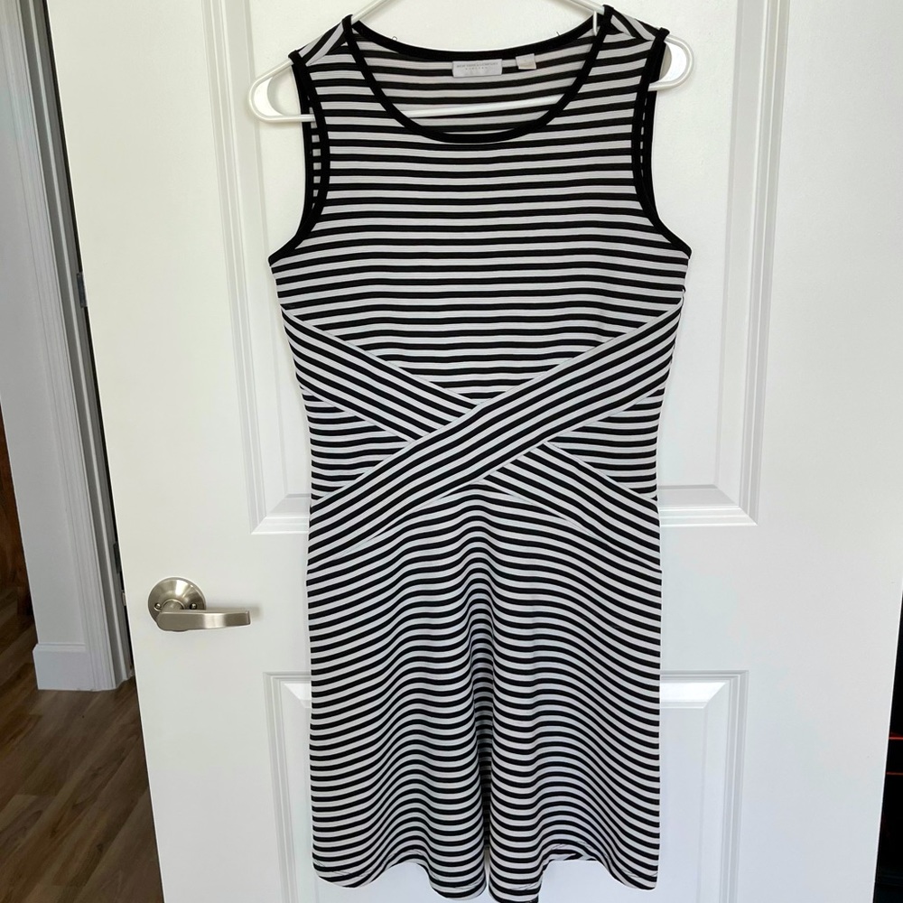 Black and white striped fit and flare dress